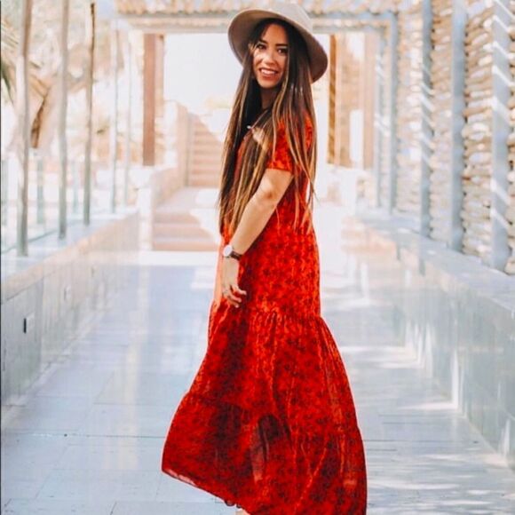 Like New Zara Petite Black Floral Print Smocked Maxi Red Dress - Picture 3 of 7